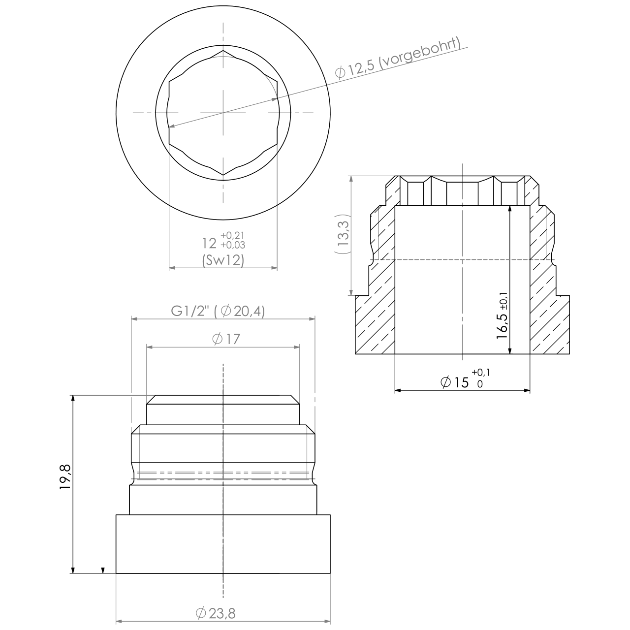 Schraube 1/2" x 15,5 mm - SW 15 - kurz - RV15