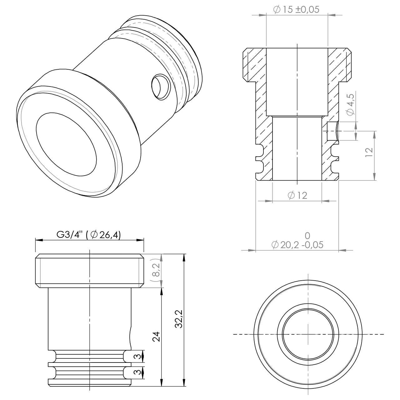 Stecknippel anstatt Auslauf 3/4" AG Aufnahme Ø20,3 Bohrung RV15 ohne RV