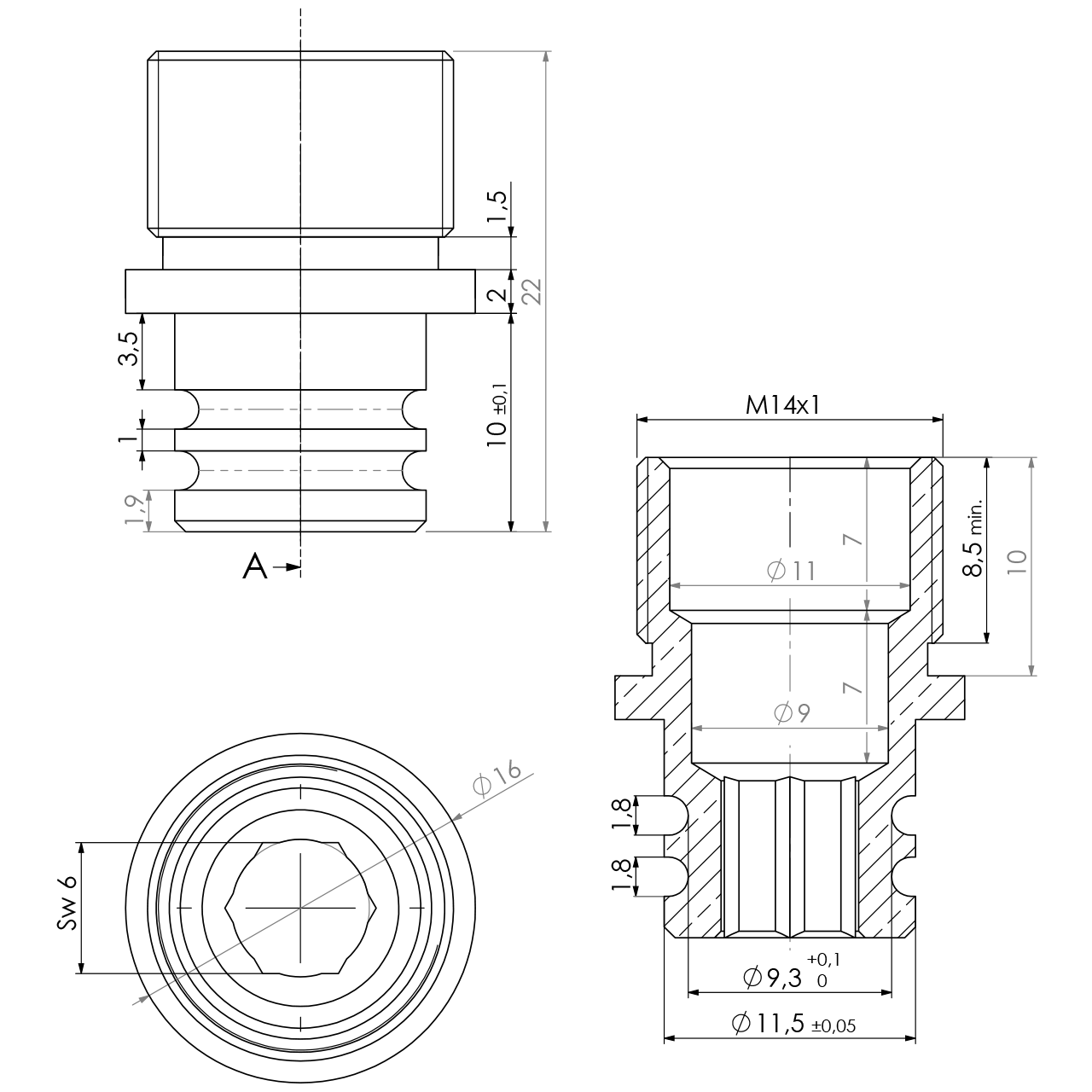 Adapter M14x1 auf Stecknippel Ø11,8