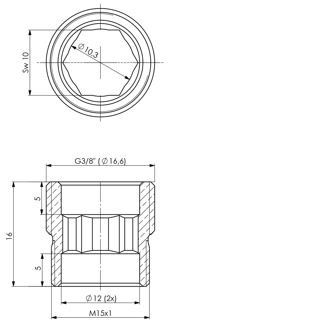 Gewindenippel M15x1 - 3/8" L 16 mm zu Schlauchteile M15 IG oder 3/8" IG