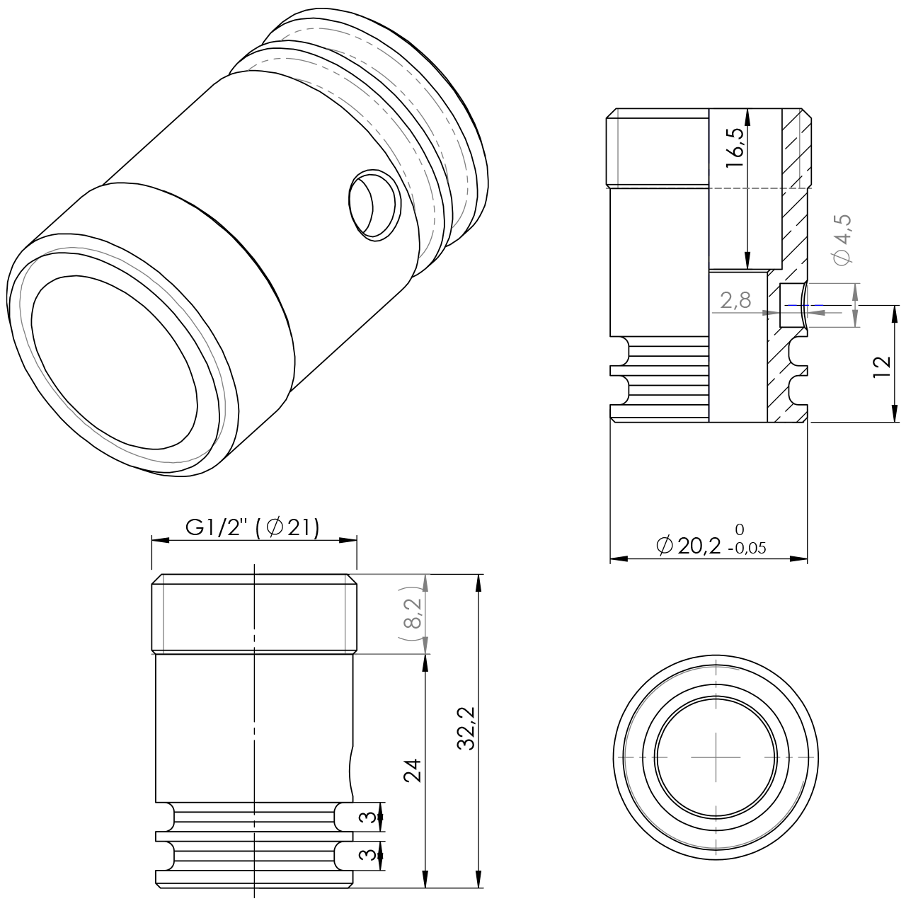 Stecknippel anstatt Auslauf 1/2" AG Aufnahme Ø20,3 Bohrung RV15 ohne RV