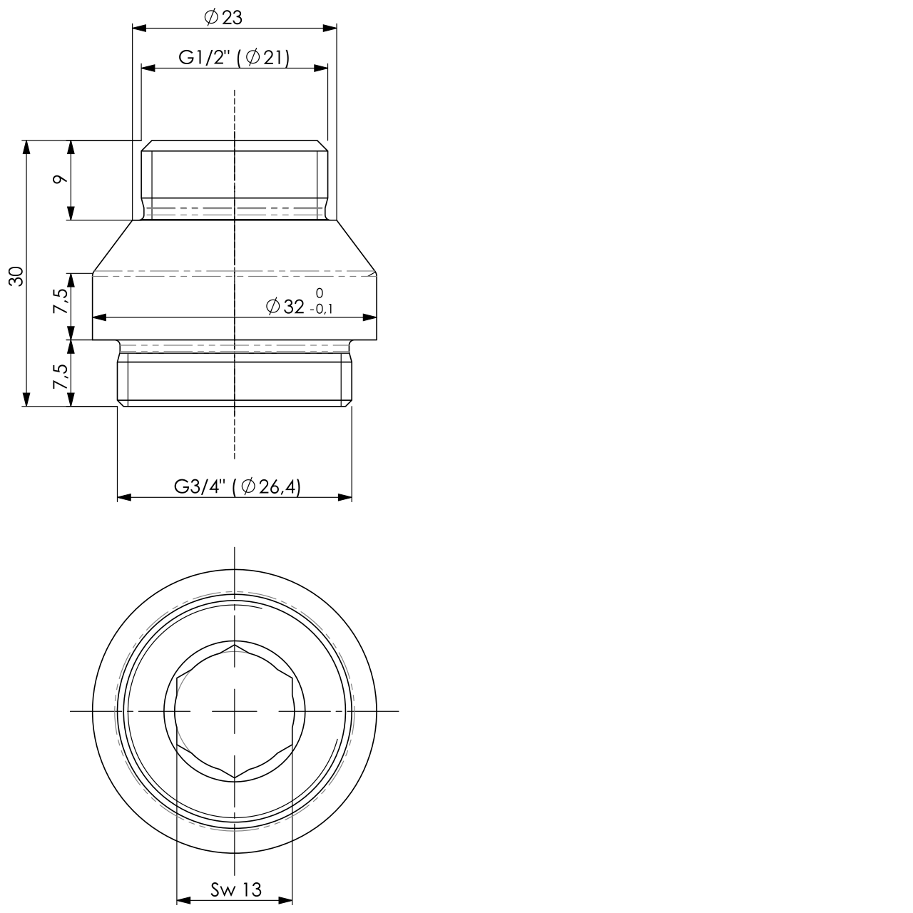 Gewindenippel 1/2" x 3/4" - für RV Ø 15 mm (AG x AG)