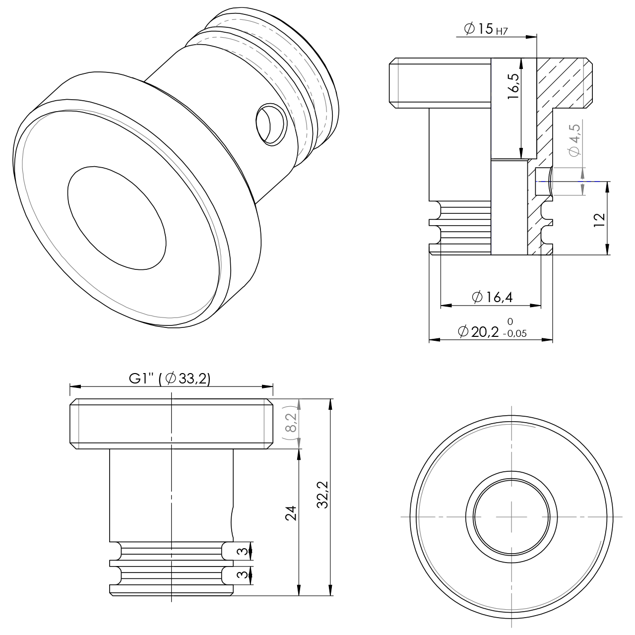 Stecknippel anstatt Auslauf 1" AG Aufnahme Ø20,3 Bohrung RV15 ohne RV