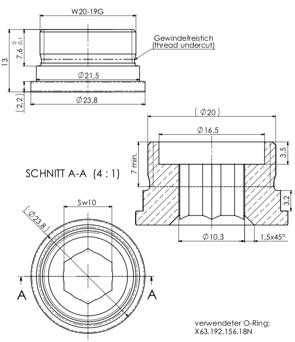 Schraube W20x19G x 10,3 mm - SW10 - kurz