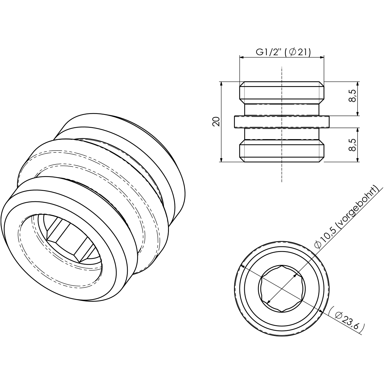 Brause-Adapter für Nito mit 1/2" AG mit O-Ring-Freistich und Anschlag